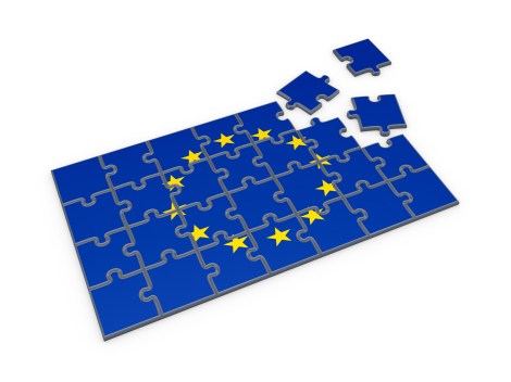 Flag of EU made of puzzles.Isolated on white background.3d rendered.